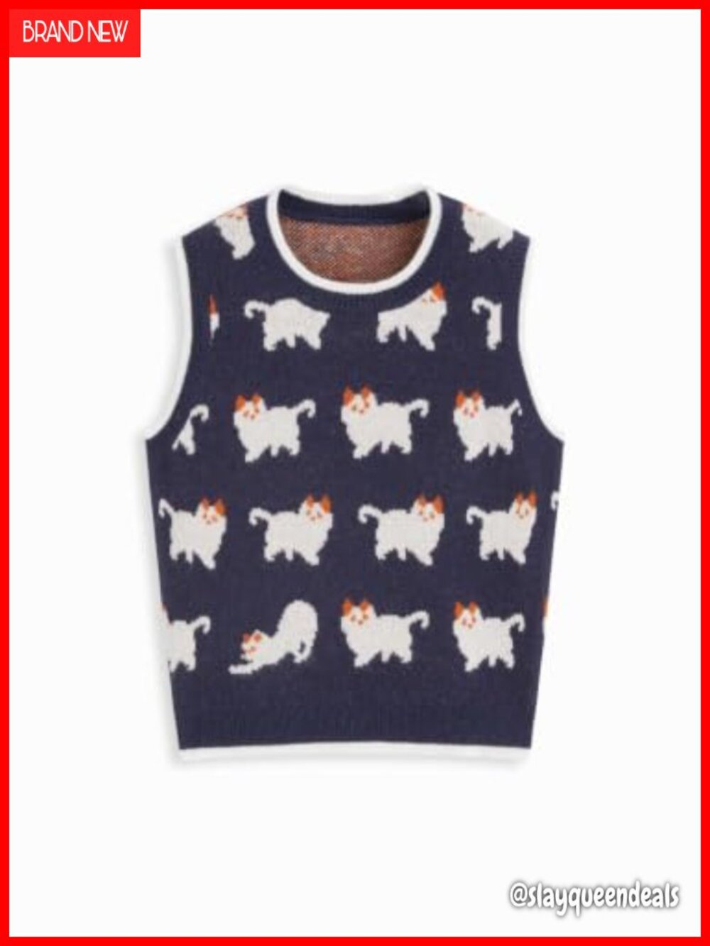 CIDER Women Cat Print Cropped Knit Sweater Vest Sleeveless Crew Neck Layering